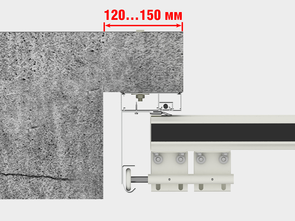 墙面安装：门体轨道安装在洞口内侧的墙壁和门楣上。墙壁左右侧空间 要求最小120 毫米，如选择带有加热系统的门则墙壁左右空间 最小要求150 毫米。